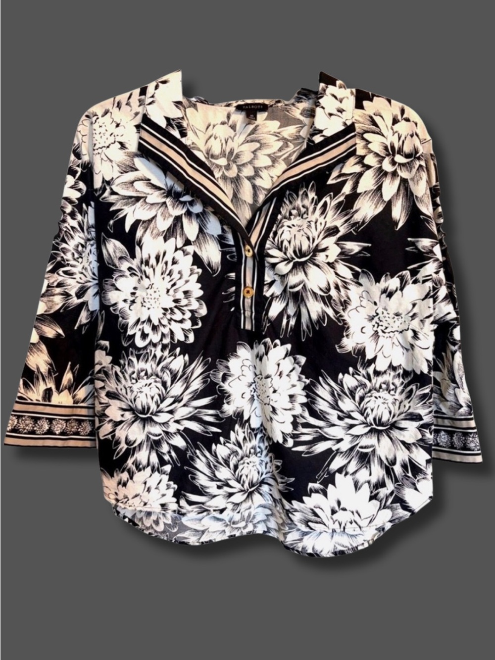 Talbots Floral Popover Blouse XS Black Ivory Cotton 3/4 Sleeve Notch Neck